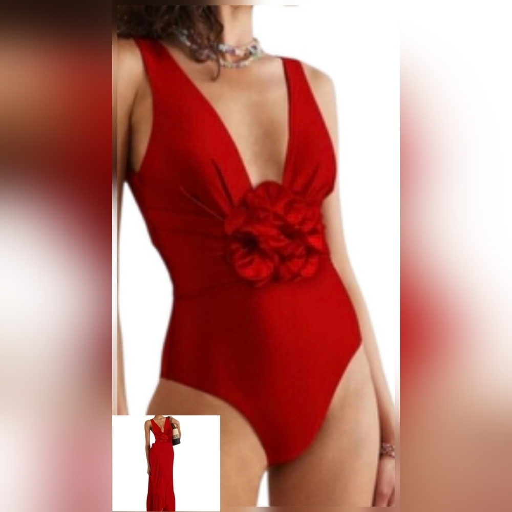 New! Red Rose Plunge One-Piece Swimsuit •
